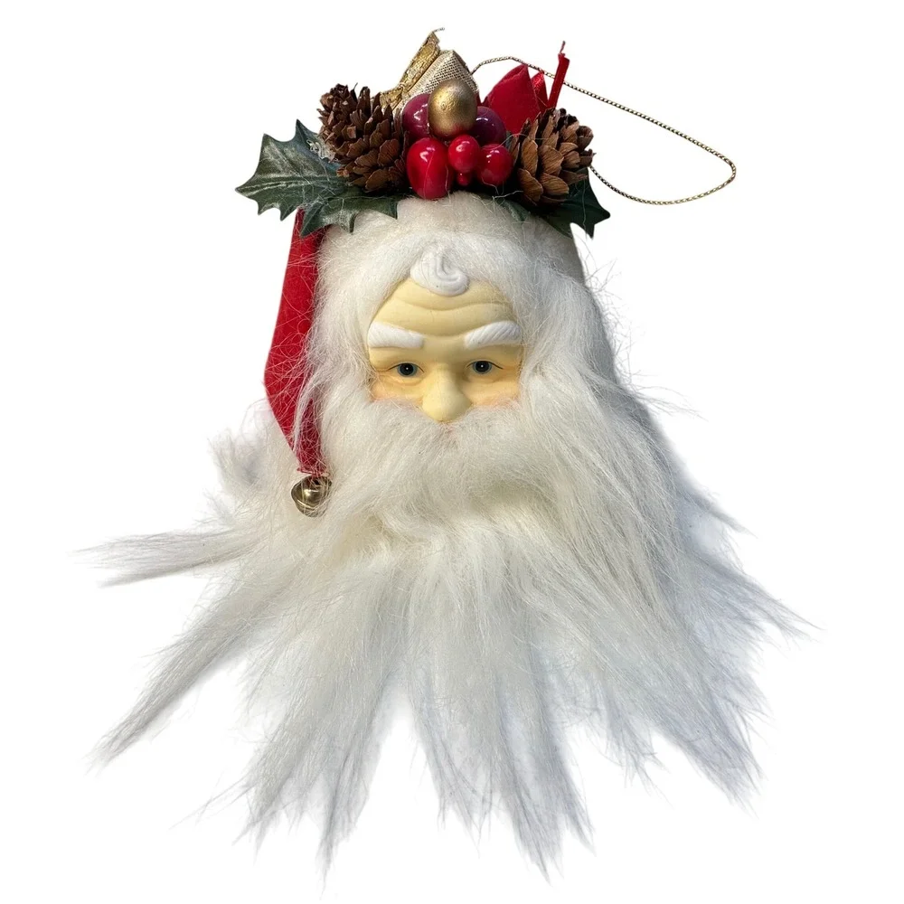 Santa Head Christmas Ornament Faux Fur Beard Pinecone Berry Crown Vintage